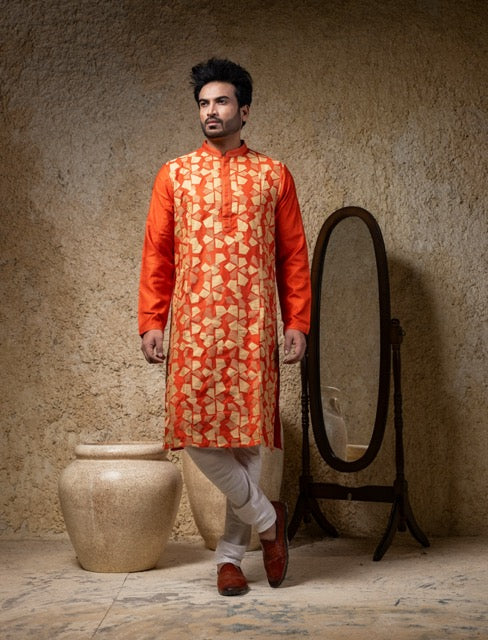 Rust Applique And Cord Embroidery Kurta Pajama Set