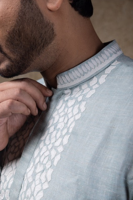 Sea Blue Applique Embroidery Kurta Pajama Set