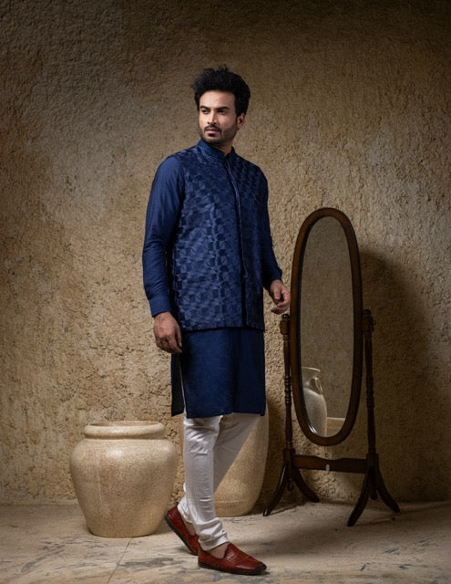 Navy Blue Kurta With Heavy Embroidery Bundi Jacket With Pajama Set