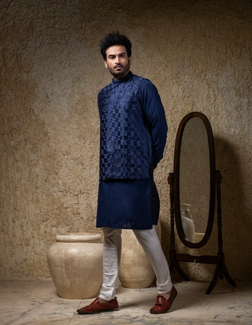 Navy Blue Kurta With Heavy Embroidery Bundi Jacket With Pajama Set