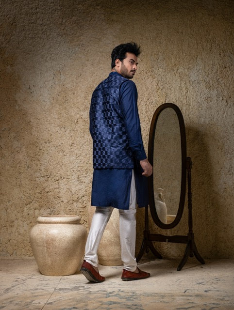 Navy Blue Kurta With Heavy Embroidery Bundi Jacket With Pajama Set