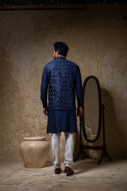 Navy Blue Kurta With Heavy Embroidery Bundi Jacket With Pajama Set