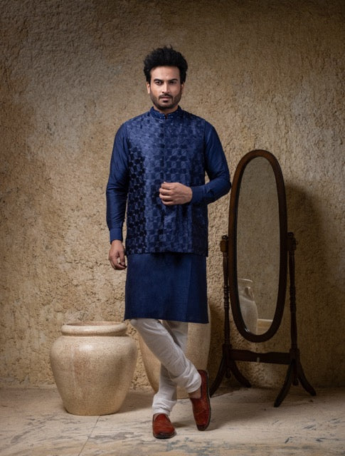 Navy Blue Kurta With Heavy Embroidery Bundi Jacket With Pajama Set