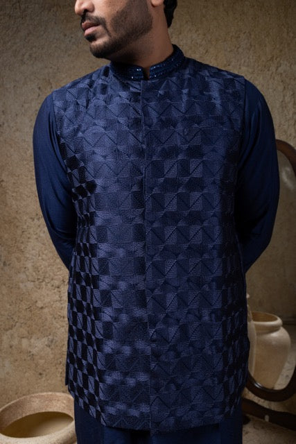 Navy Blue Heavy Embroidered Bundi Jacket