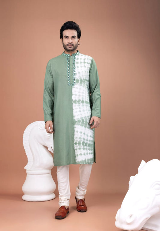 Olive Green Tie And Dye With Mirror Work Around Kurta Patty With Pajama Set