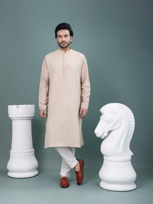 Beige Full Heavy Applique Embroidery Kurta With Pajama Set