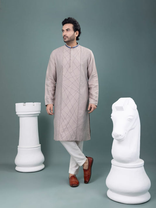 Grey Stich Detailing Kurta With Pajama Set