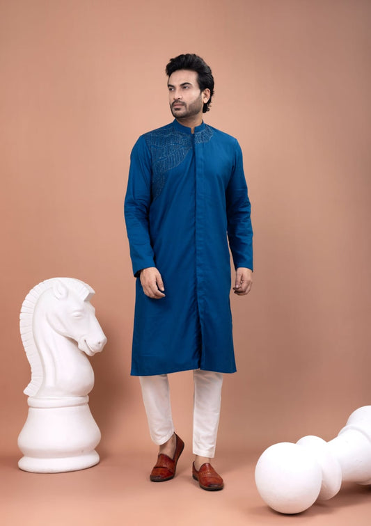 Blue Hand Embroidery Front Open Kurta With Pajama Set