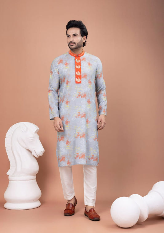 Grey Geometrical Printed With Hand Embroidered Kurta With Pajama Set