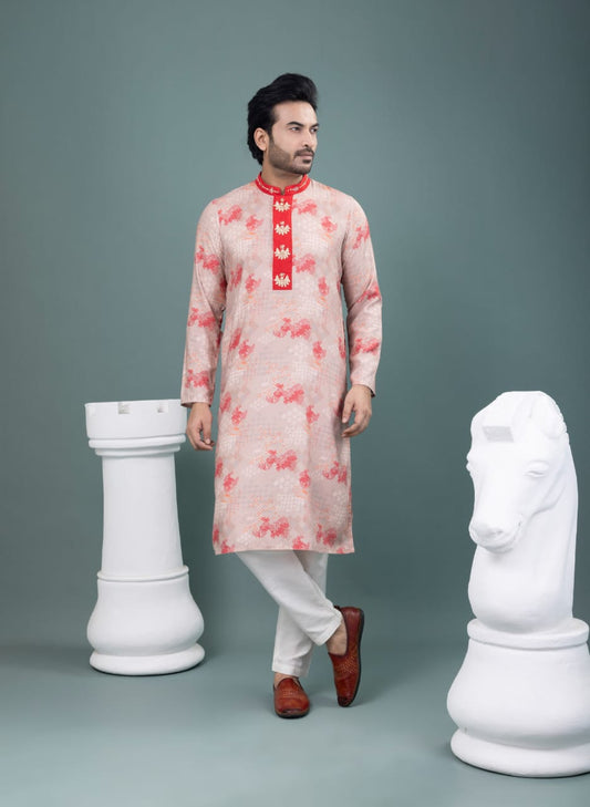 Beidge Geometrical Printed With Hand Embroidered Kurta With Pajama Set