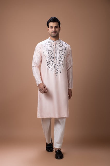 Powder Pink Mirror Work Kurta With Pajama Set