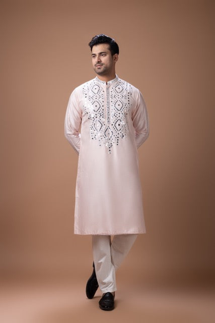Powder Pink Mirror Work Kurta With Pajama Set