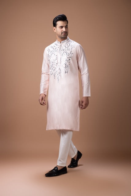 Powder Pink Mirror Work Kurta With Pajama Set