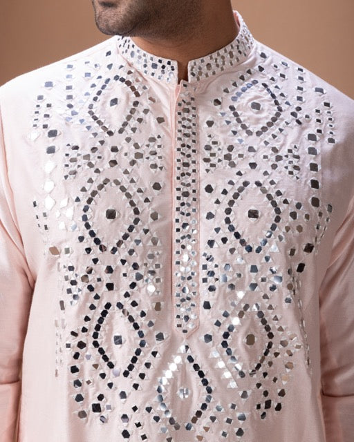 Powder Pink Mirror Work Kurta With Pajama Set