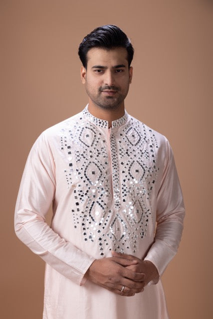 Powder Pink Mirror Work Kurta With Pajama Set
