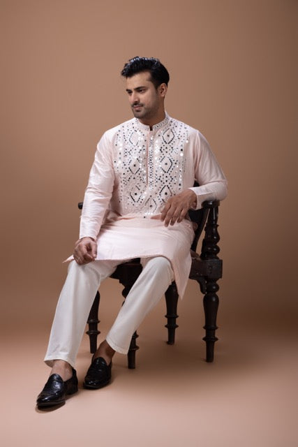 Powder Pink Mirror Work Kurta With Pajama Set