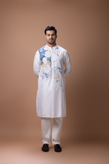 Off White Hand Foam Painted Flower On Kurta With Kardana Hand Embroidery With Pajama Set