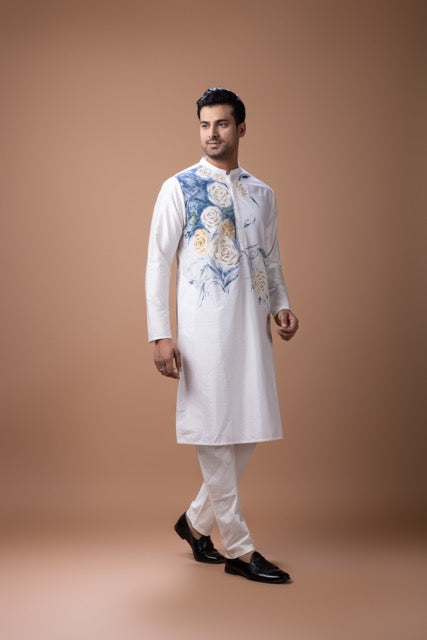 Off White Hand Foam Painted Flower On Kurta With Kardana Hand Embroidery With Pajama Set