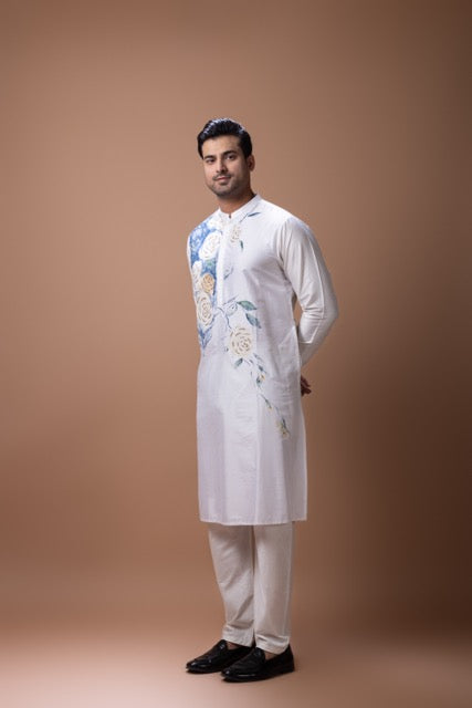 Off White Hand Foam Painted Flower On Kurta With Kardana Hand Embroidery With Pajama Set
