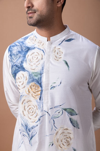 Off White Hand Foam Painted Flower On Kurta With Kardana Hand Embroidery With Pajama Set