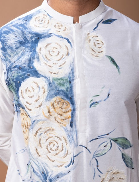 Off White Hand Foam Painted Flower On Kurta With Kardana Hand Embroidery With Pajama Set