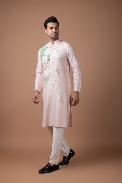 Powder Pink Hand Foam Painted Flower On Kurta With Kardana Hand Embroidery With Pajama Set