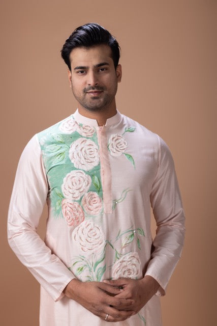 Powder Pink Hand Foam Painted Flower On Kurta With Kardana Hand Embroidery With Pajama Set