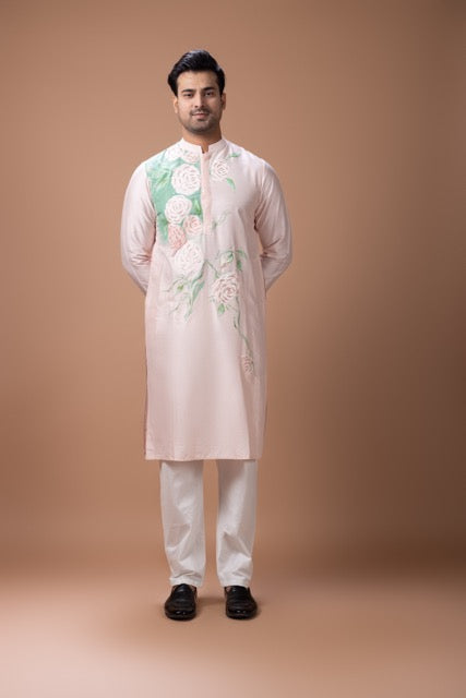 Powder Pink Hand Foam Painted Flower On Kurta With Kardana Hand Embroidery With Pajama Set
