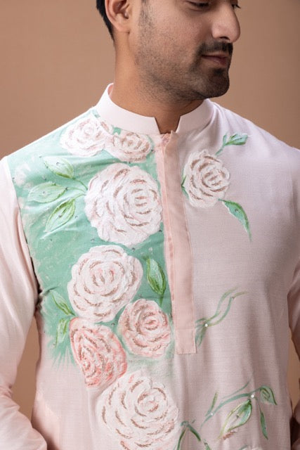 Powder Pink Hand Foam Painted Flower On Kurta With Kardana Hand Embroidery With Pajama Set