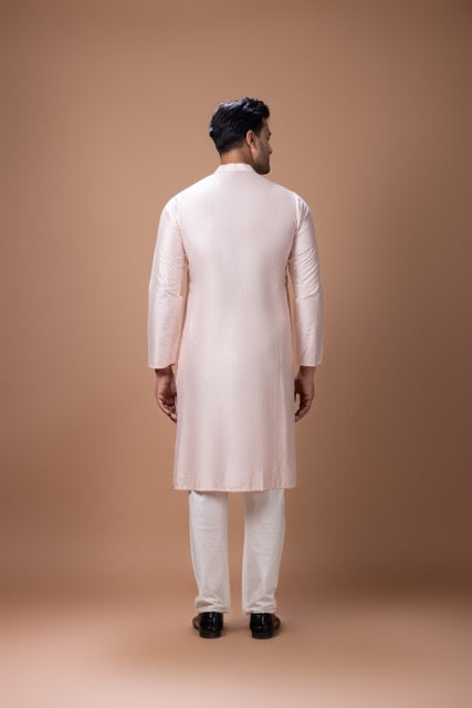 Powder Pink Hand Foam Painted Flower On Kurta With Kardana Hand Embroidery With Pajama Set