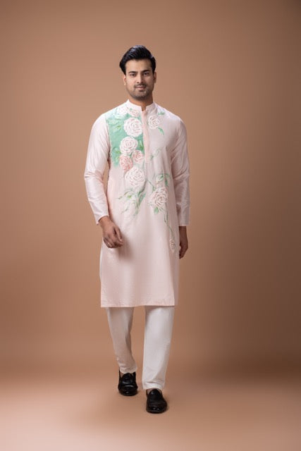 Powder Pink Hand Foam Painted Flower On Kurta With Kardana Hand Embroidery With Pajama Set