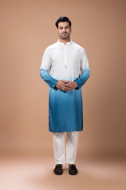 Blue Shaded With Boota Embroidery In Kurta With Pajamna Set