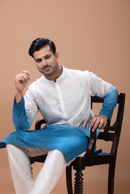 Blue Shaded With Boota Embroidery In Kurta With Pajamna Set