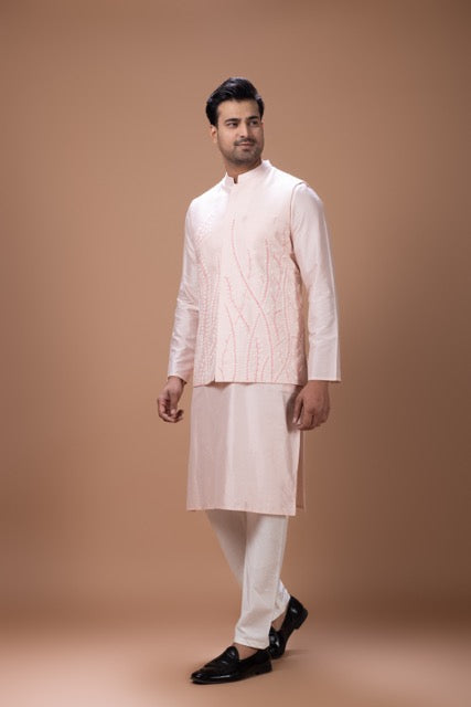Powder Pink Kurta With Leafs Hand Foam Painted Bundi Jacket With Pajama Set