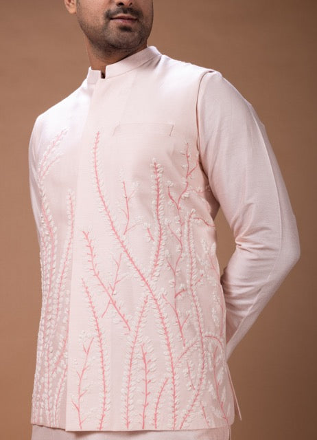 Powder Pink Kurta With Leafs Hand Foam Painted Bundi Jacket With Pajama Set