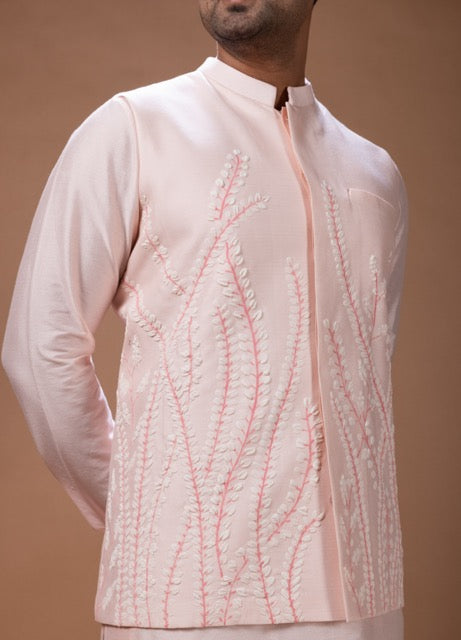 Powder Pink Kurta With Leafs Hand Foam Painted Bundi Jacket With Pajama Set