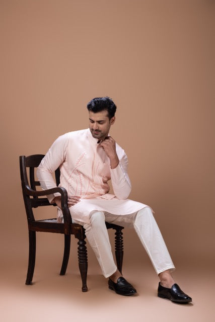 Powder Pink Kurta With Leafs Hand Foam Painted Bundi Jacket With Pajama Set