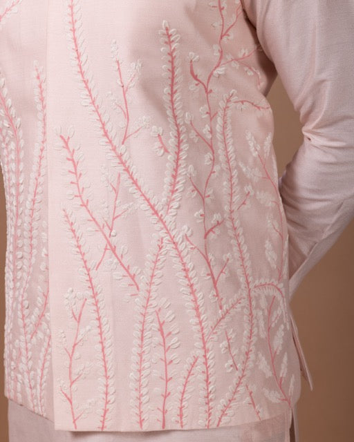 Powder Pink Kurta With Leafs Hand Foam Painted Bundi Jacket With Pajama Set