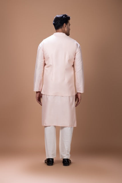 Powder Pink Kurta With Leafs Hand Foam Painted Bundi Jacket With Pajama Set