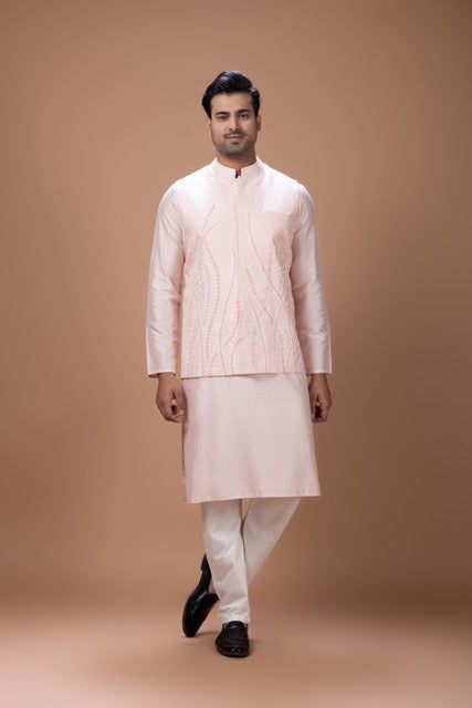 Powder Pink Kurta With Leafs Hand Foam Painted Bundi Jacket With Pajama Set