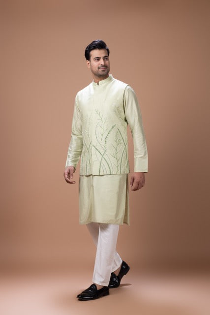Mint Green Kurta With Leafs Hand Foam Painted Bundi Jacket With Pajama Set