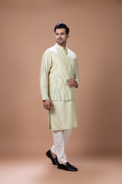 Mint Green Kurta With Leafs Hand Foam Painted Bundi Jacket With Pajama Set