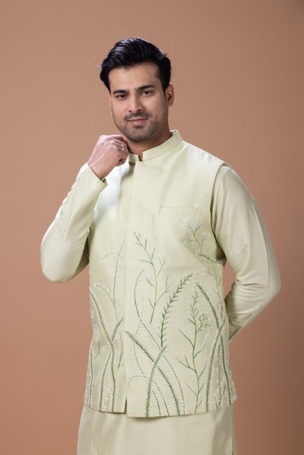 Mint Green Kurta With Leafs Hand Foam Painted Bundi Jacket With Pajama Set