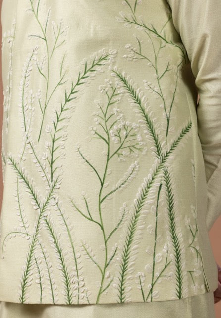 Mint Green Kurta With Leafs Hand Foam Painted Bundi Jacket With Pajama Set