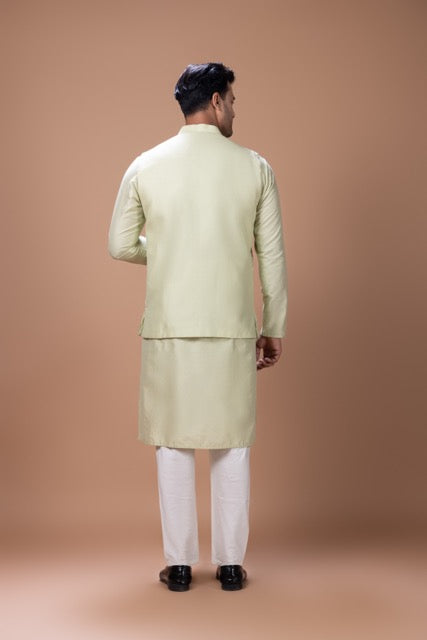 Mint Green Kurta With Leafs Hand Foam Painted Bundi Jacket With Pajama Set