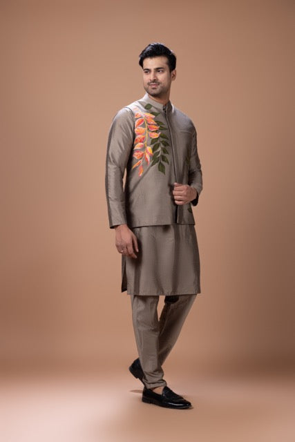 Metalic Fawn Pleated Stylish Kurta With Colourful Leafs Hand Foam Painted Bundi Jacket With Pajama Set
