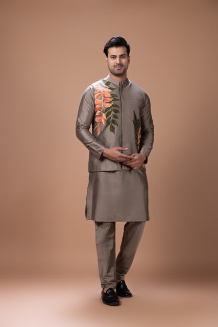 Metalic Fawn Pleated Stylish Kurta With Colourful Leafs Hand Foam Painted Bundi Jacket With Pajama Set