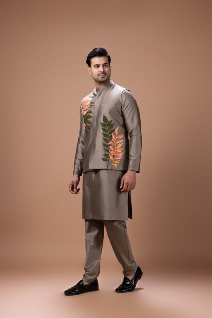 Metalic Fawn Pleated Stylish Kurta With Colourful Leafs Hand Foam Painted Bundi Jacket With Pajama Set