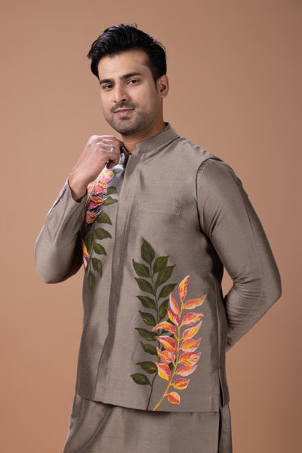 Metalic Fawn Pleated Stylish Kurta With Colourful Leafs Hand Foam Painted Bundi Jacket With Pajama Set