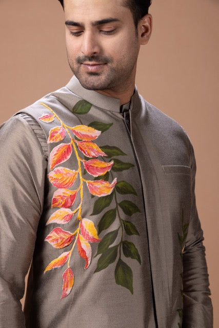Metalic Fawn Pleated Stylish Kurta With Colourful Leafs Hand Foam Painted Bundi Jacket With Pajama Set